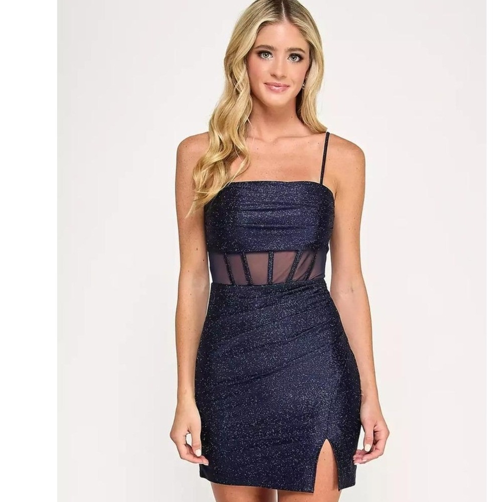 Emerald Sundae Navy Blue Glitter Mesh Corset Mini Dress‎ XL Square Neck Slit NWT